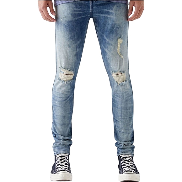PacSun Stacked Skinny Jeans Medium Wash Distressed w Paint Splatter Men's 32x34 - Picture 3 of 14